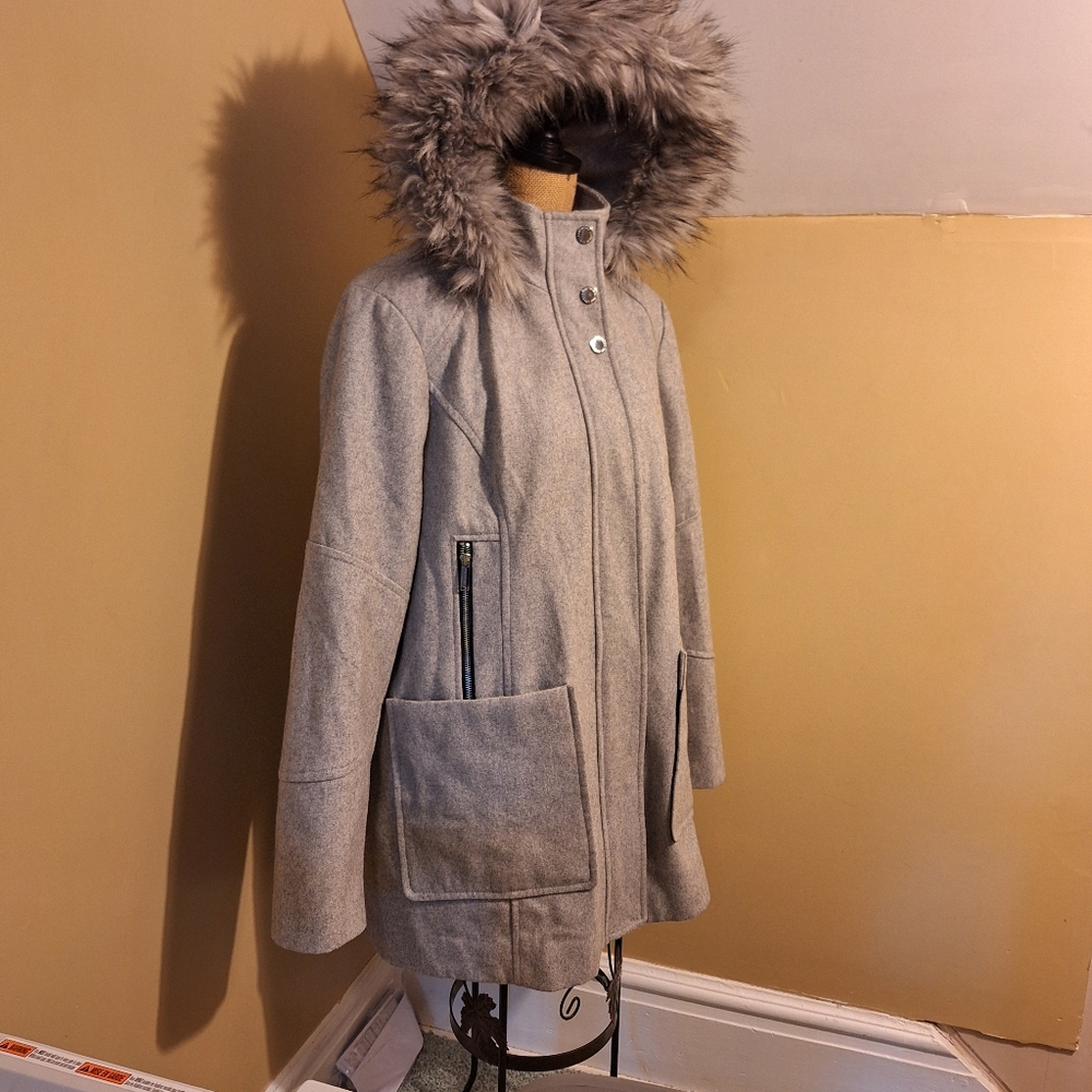 Women's London Fog Gray Hooded Coat with Faux Fur Trim